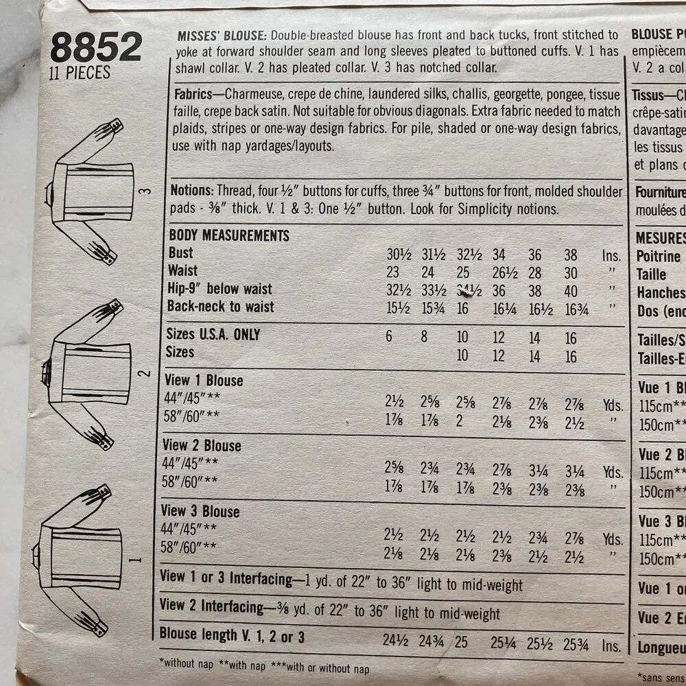 Vintage Simplicity Pattern 8852 1980s Misses' Double Breasted Blouse Sz 14 Uncut
